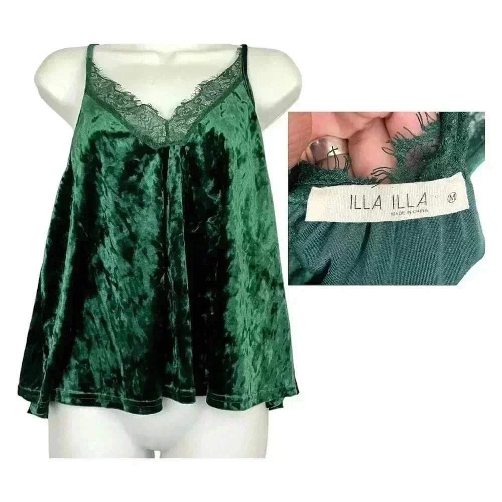 illa‎ illa Green Velvet Tank Top MEDIUM Lace Trim Women's
